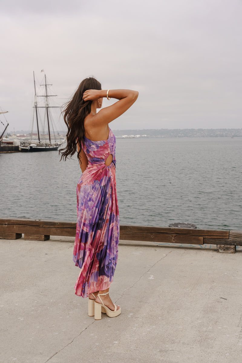 Sheri Sleeveless One Shoulder Pleated Floral Print Maxi Dress Pink SMALL