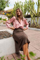 High Waist Stripe Print Satin Midi Skirt Brown