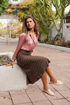 High Waist Stripe Print Satin Midi Skirt Brown