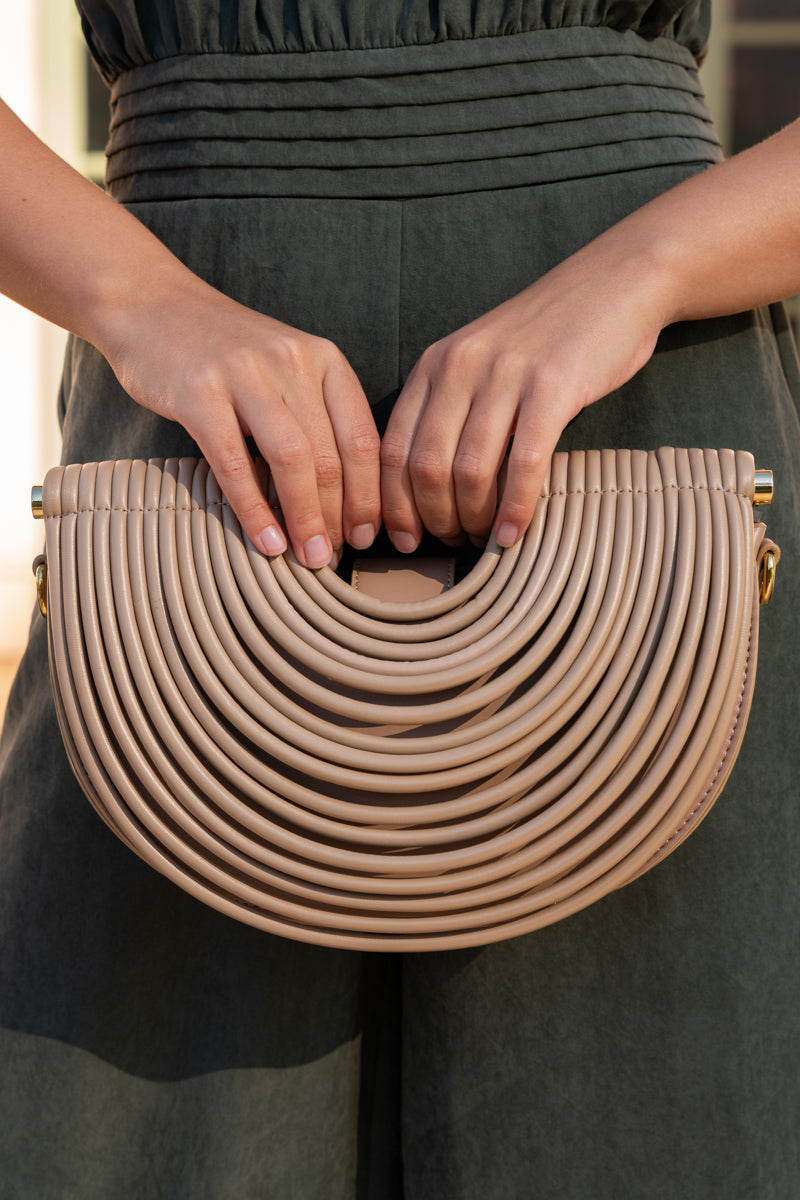 Top Handle Faux Leather Woven Handbag Taupe