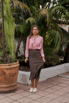 High Waist Stripe Print Satin Midi Skirt Brown
