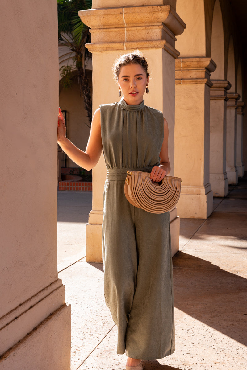 Sleeveless Cinched Waist Wide Leg Suede Jumpsuit Olive