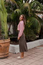 High Waist Stripe Print Satin Midi Skirt Brown