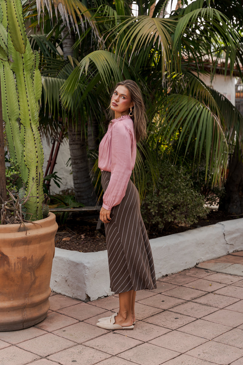 High Waist Stripe Print Satin Midi Skirt Brown