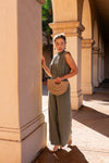 Sleeveless Cinched Waist Wide Leg Suede Jumpsuit Olive
