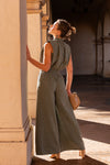 Sleeveless Cinched Waist Wide Leg Suede Jumpsuit Olive