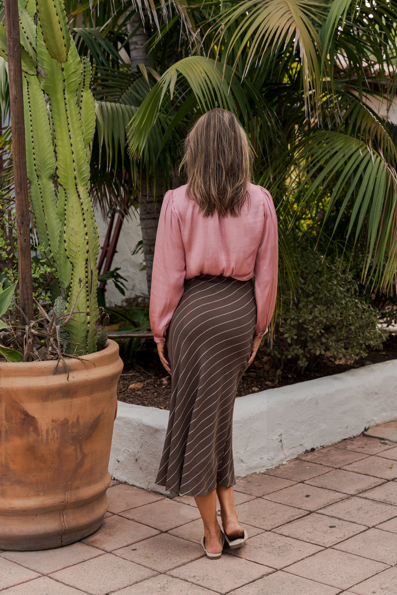 High Waist Stripe Print Satin Midi Skirt Brown