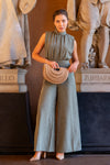 Sleeveless Cinched Waist Wide Leg Suede Jumpsuit Olive