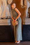 Sleeveless Cinched Waist Wide Leg Suede Jumpsuit Olive