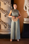 Sleeveless Cinched Waist Wide Leg Suede Jumpsuit Olive