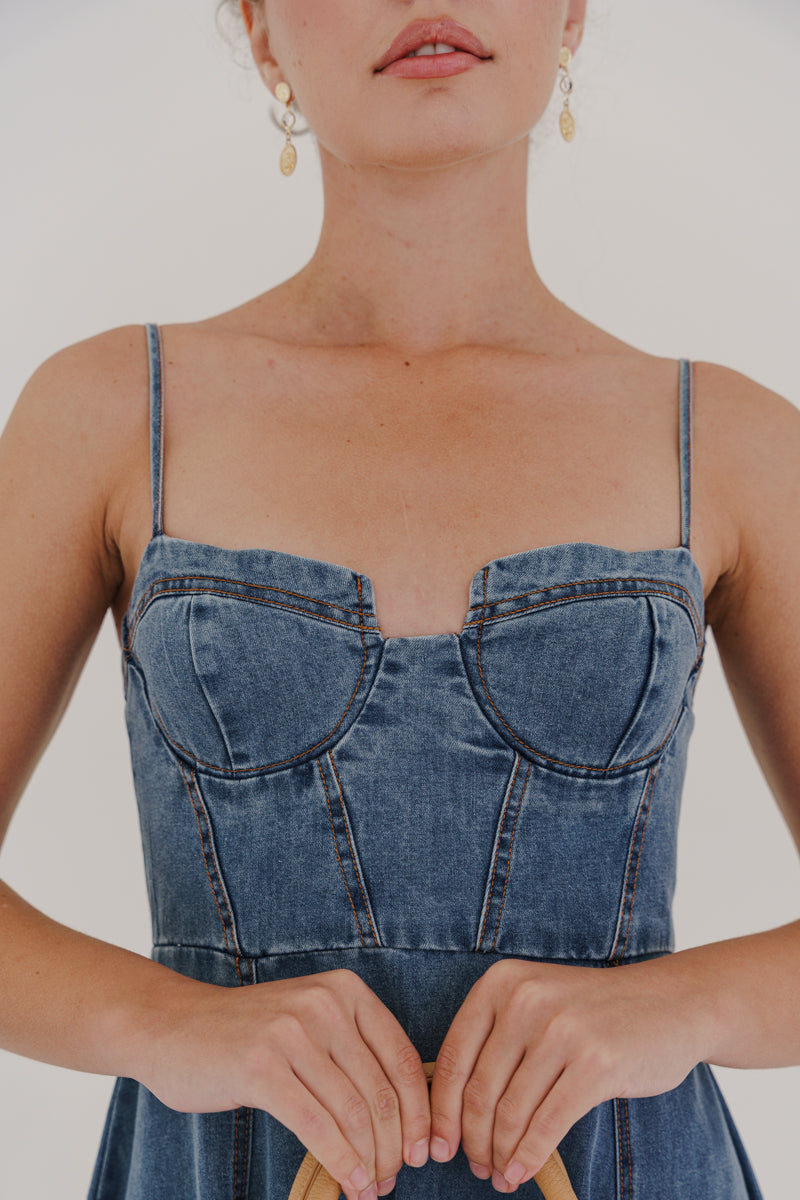 Sleeveless Corset Denim Midi Dress Medium Wash