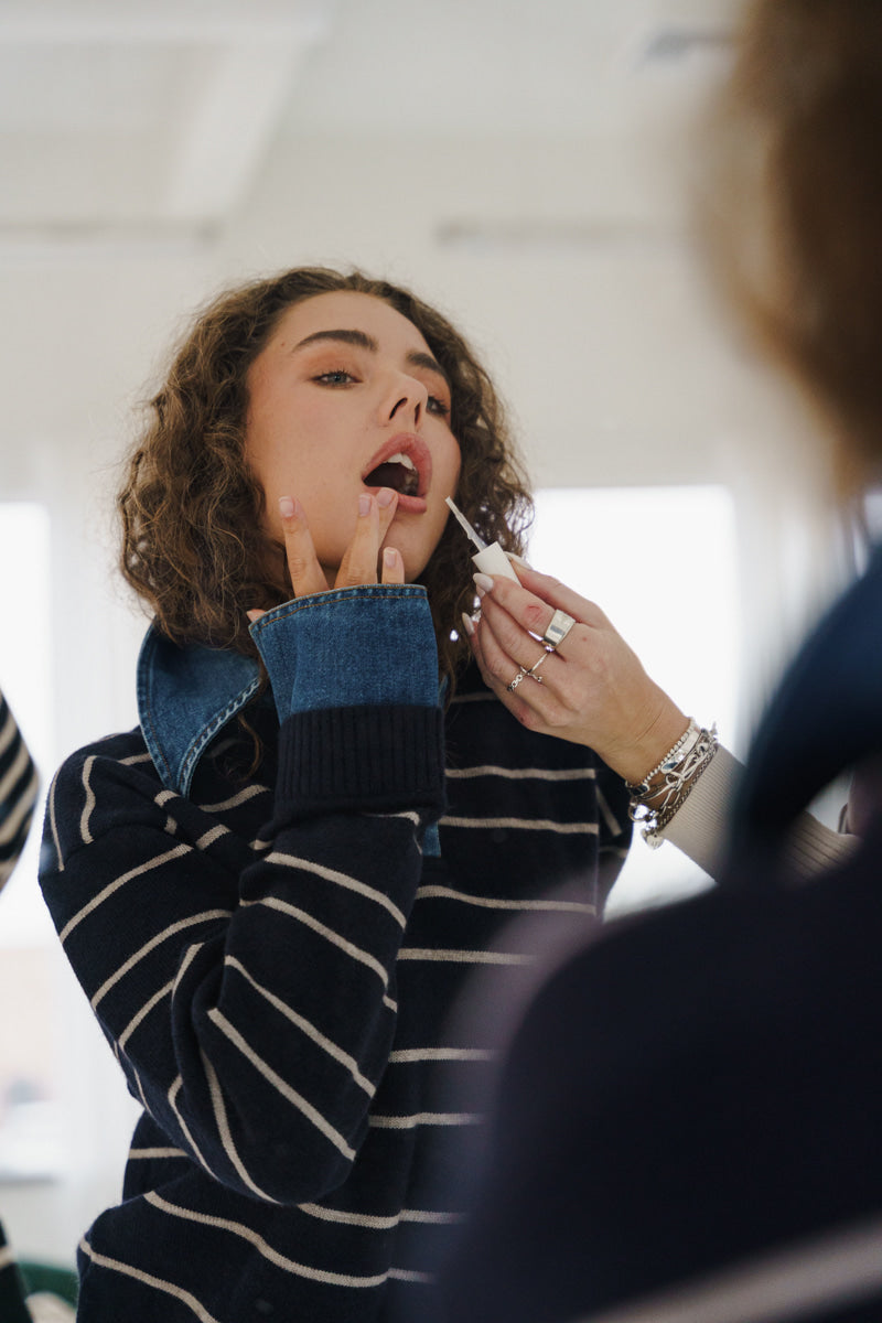 Long Sleeve Collar Denim Stripe Print Sweater Navy