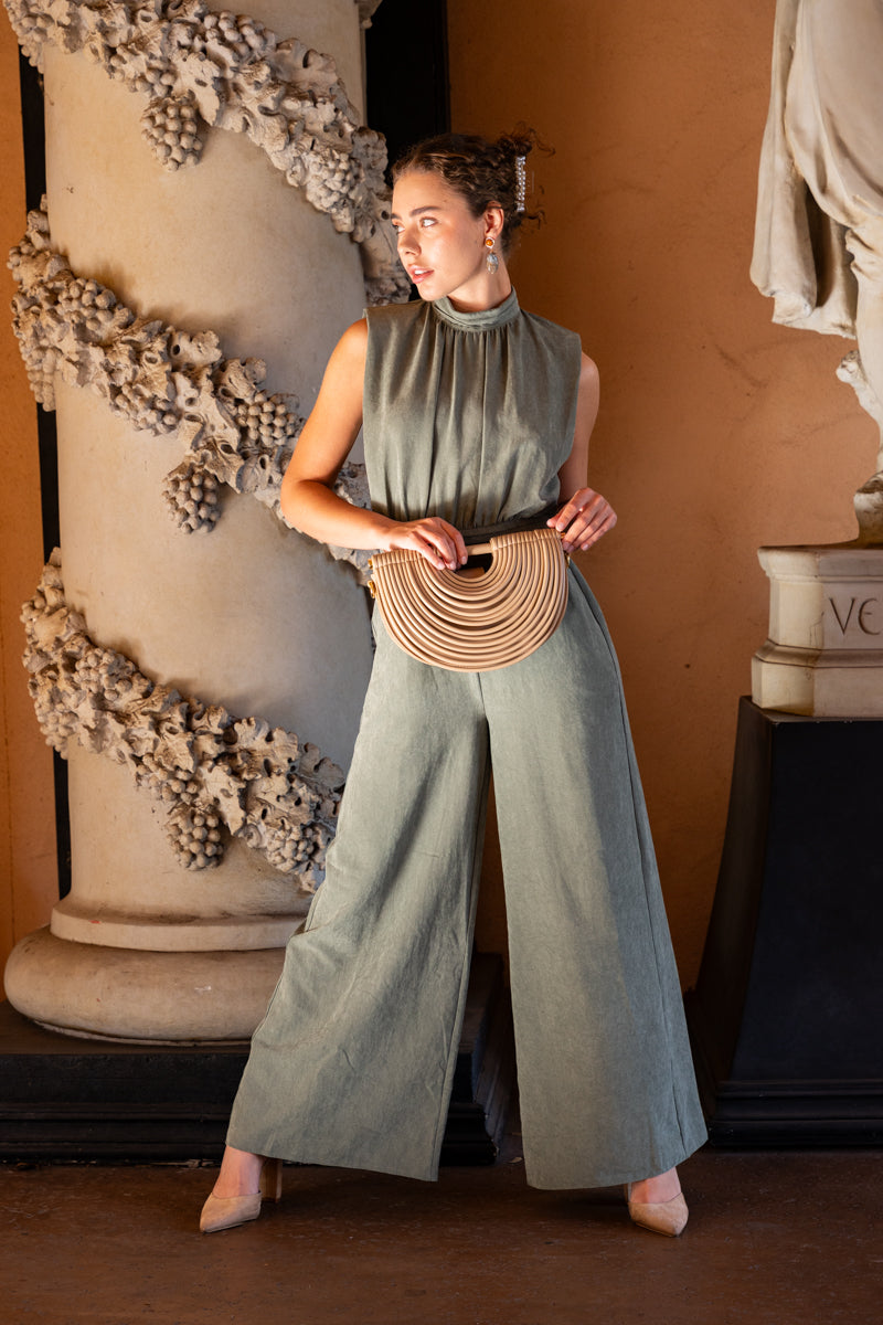 Sleeveless Cinched Waist Wide Leg Suede Jumpsuit Olive