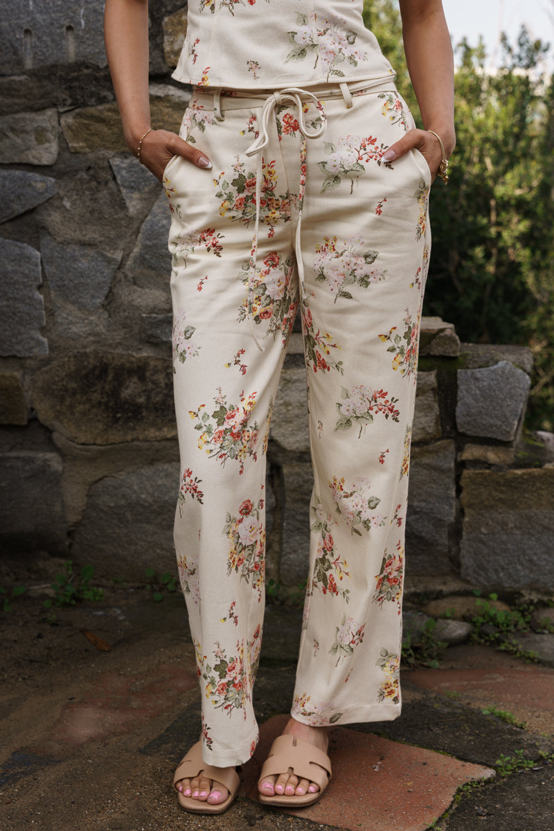High Waist Wide Leg Floral Pants Cream