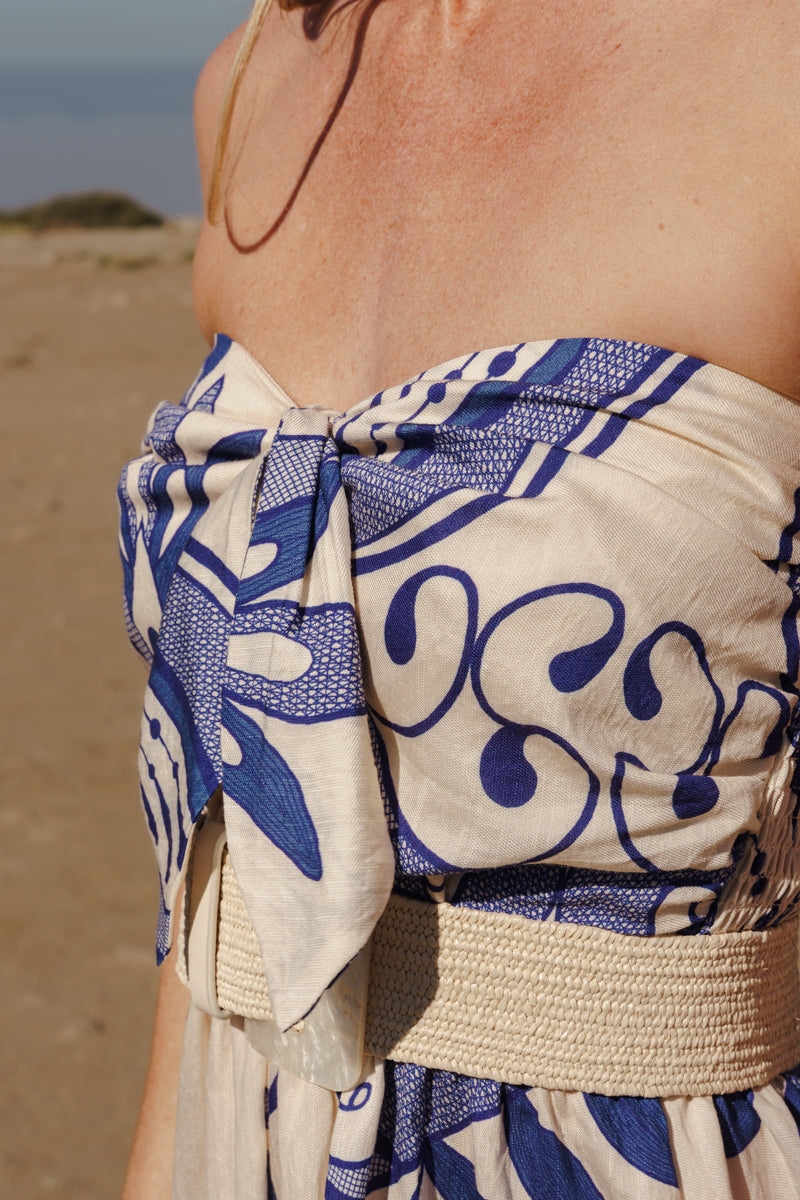 Sleeveless Back Tie Border Print Wide Leg Jumpsuit Blue