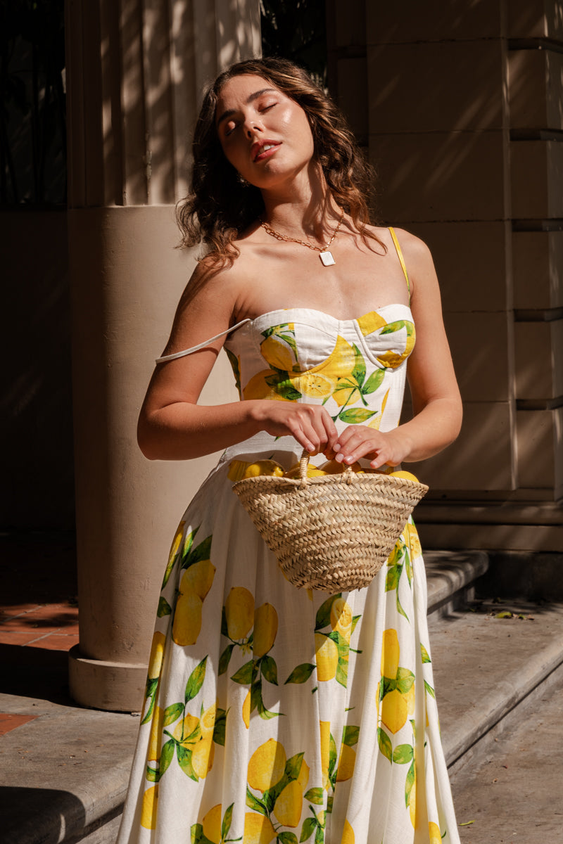 Sleeveless Lemon Print Midi Dress Yellow