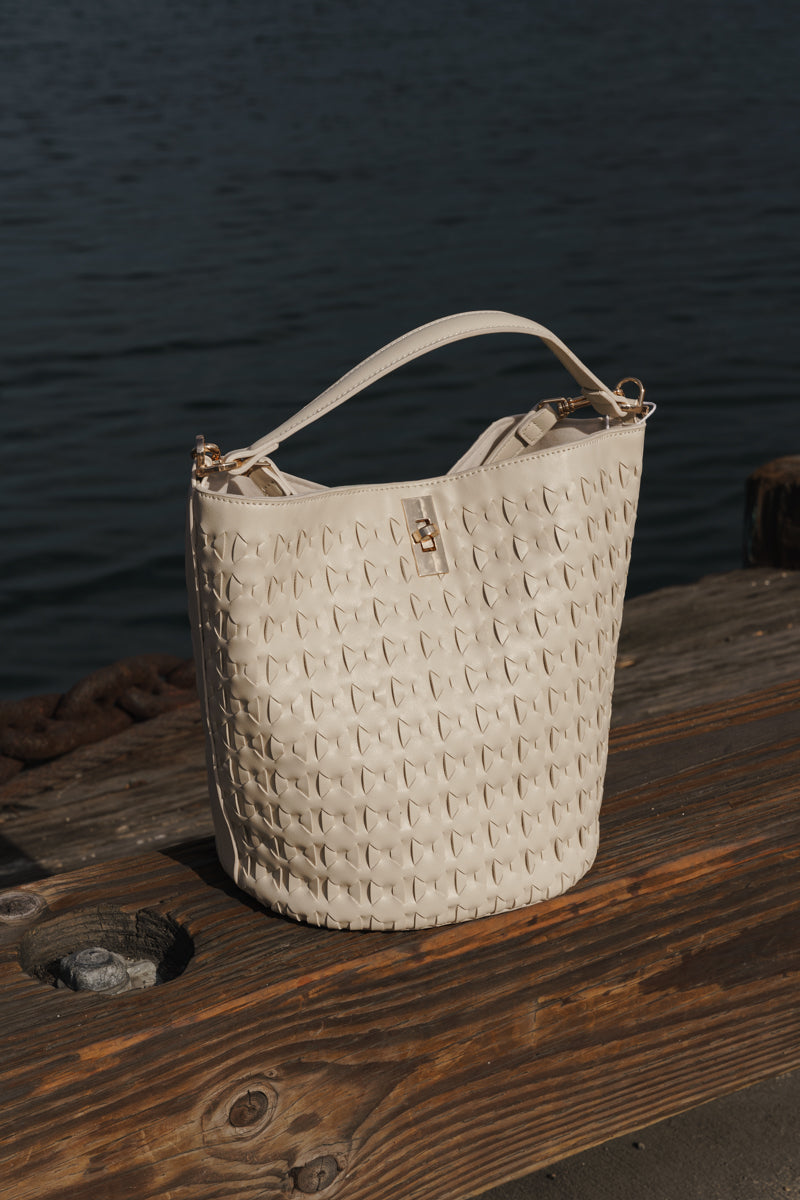 Faux Leather Bucket Basket Weave Handbag Cream