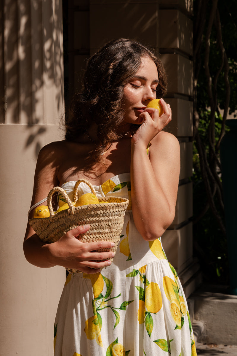 lemon yellow dress Yuri Sleeveless Print Midi LARGE Frilled skirt Analeah Strapless Maxi Dress |