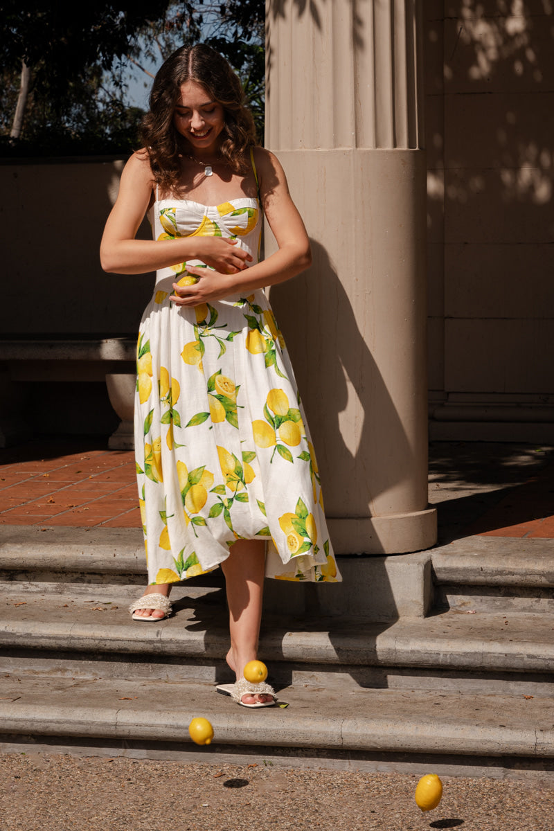 Sleeveless Lemon Print Midi Dress Yellow