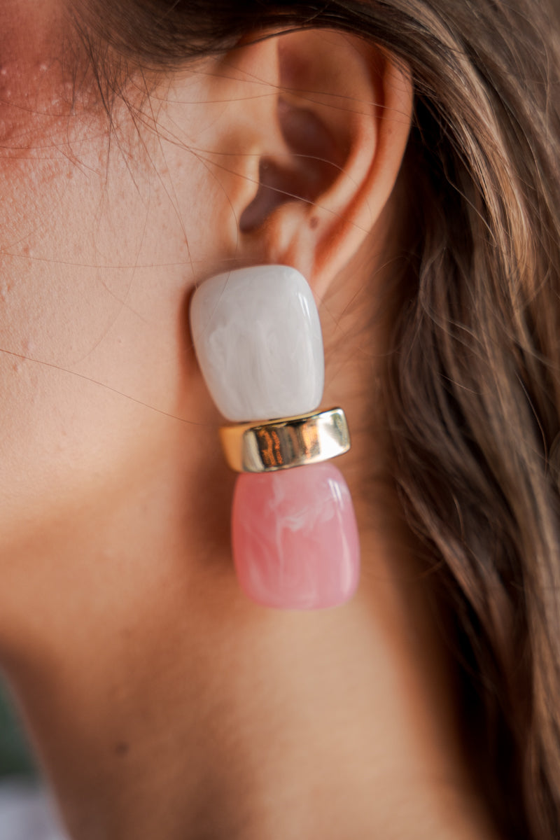 Two Tier Color Block Stud Earrings White Pink
