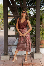 High Waist Polka Dot Print Satin Midi Skirt Brown
