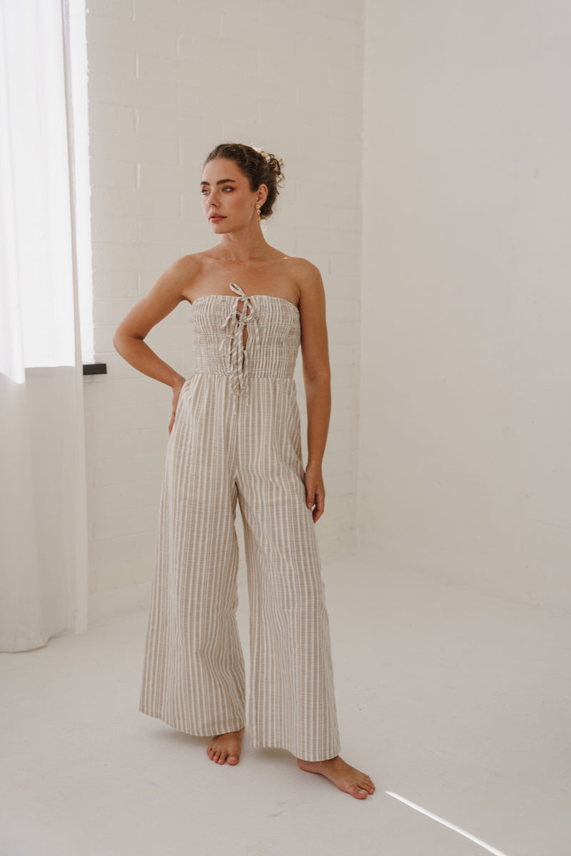Sleeveless Front Tie Stripe Print Wide Leg Jumpsuit Beige