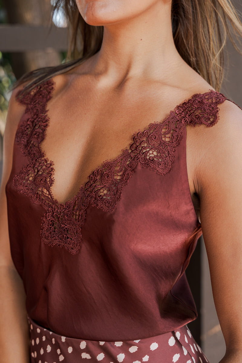 Sleeveless Timeless Lace And Satin Top Brown