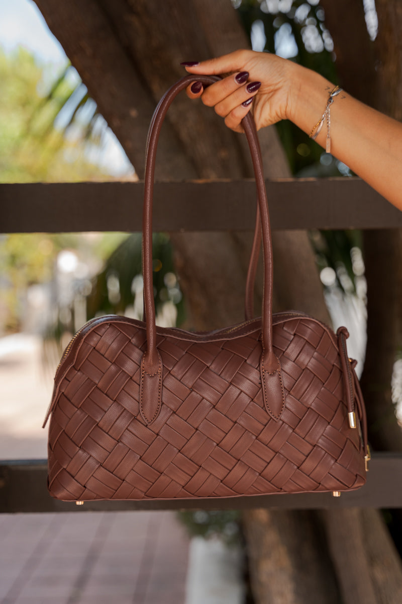 Top Handle Faux Leather Woven Handbag Brown