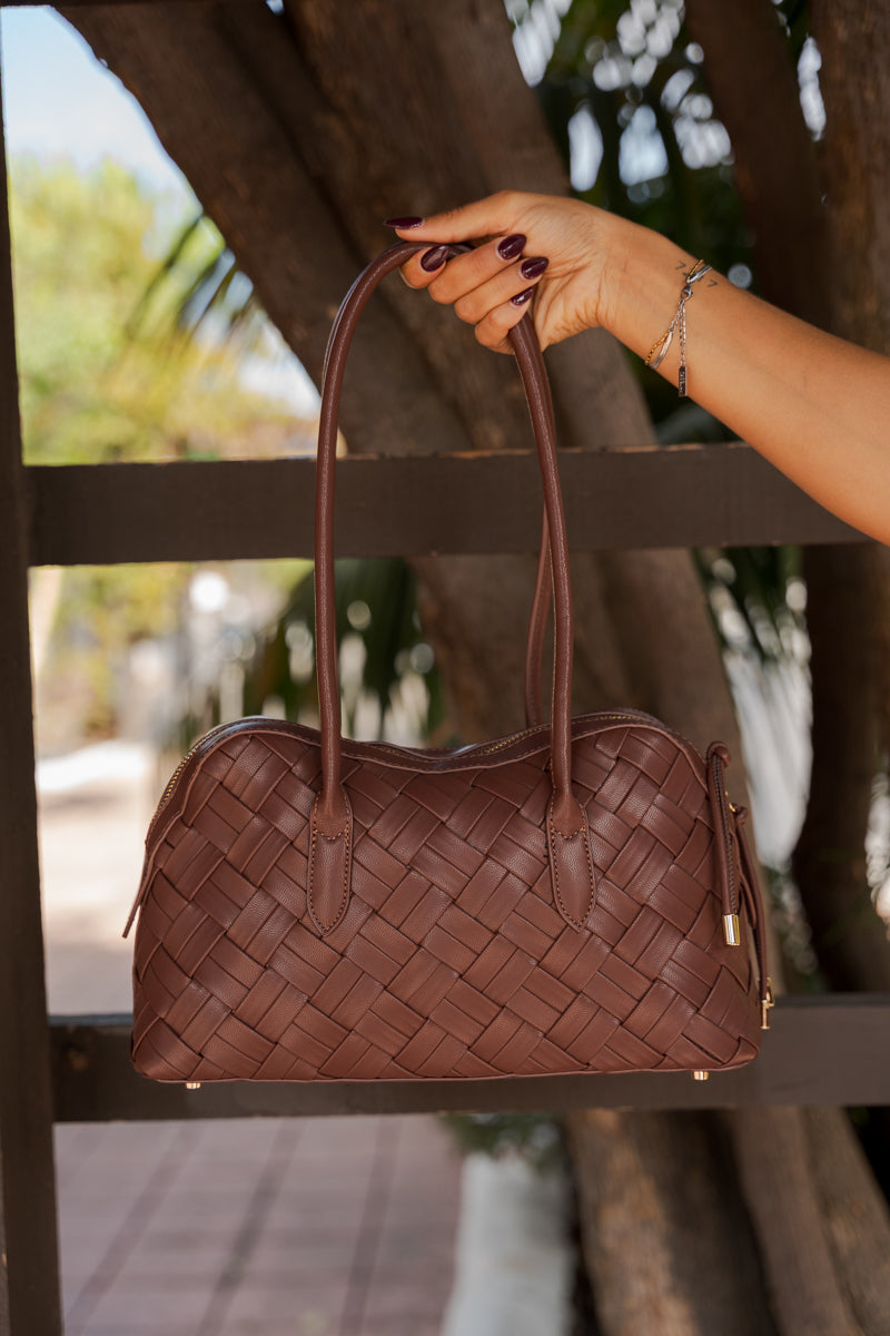 Top Handle Faux Leather Woven Handbag Brown
