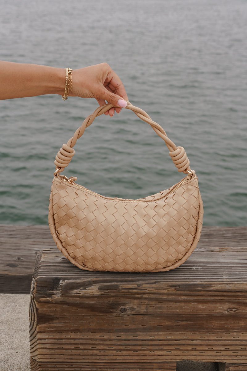 Solara Shoulder Bag Faux Leather Woven Purse Camel