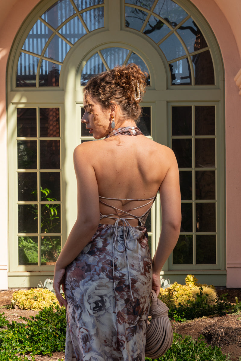 Sleeveless Halter Floral Print Maxi Dress Brown