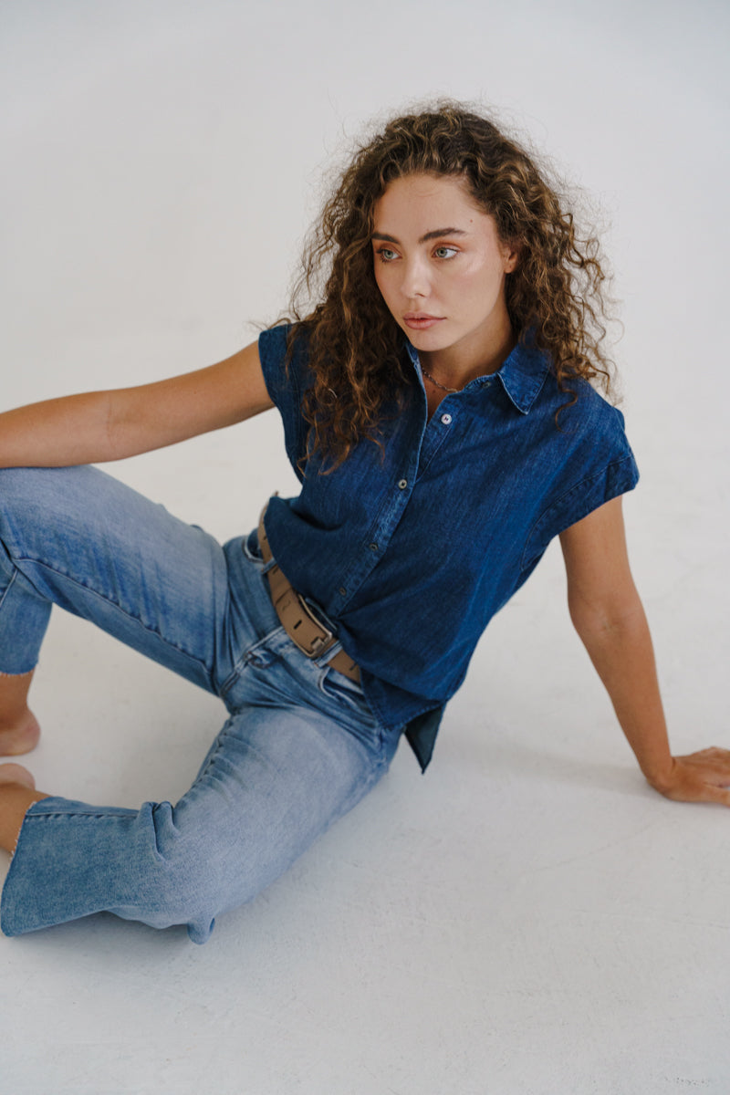  Short Sleeve Button Down Denim Top Dark Wash