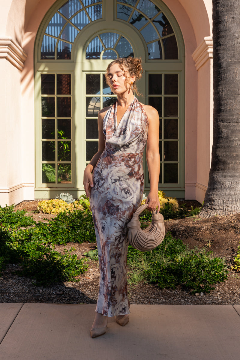 Sleeveless Halter Floral Print Maxi Dress Brown