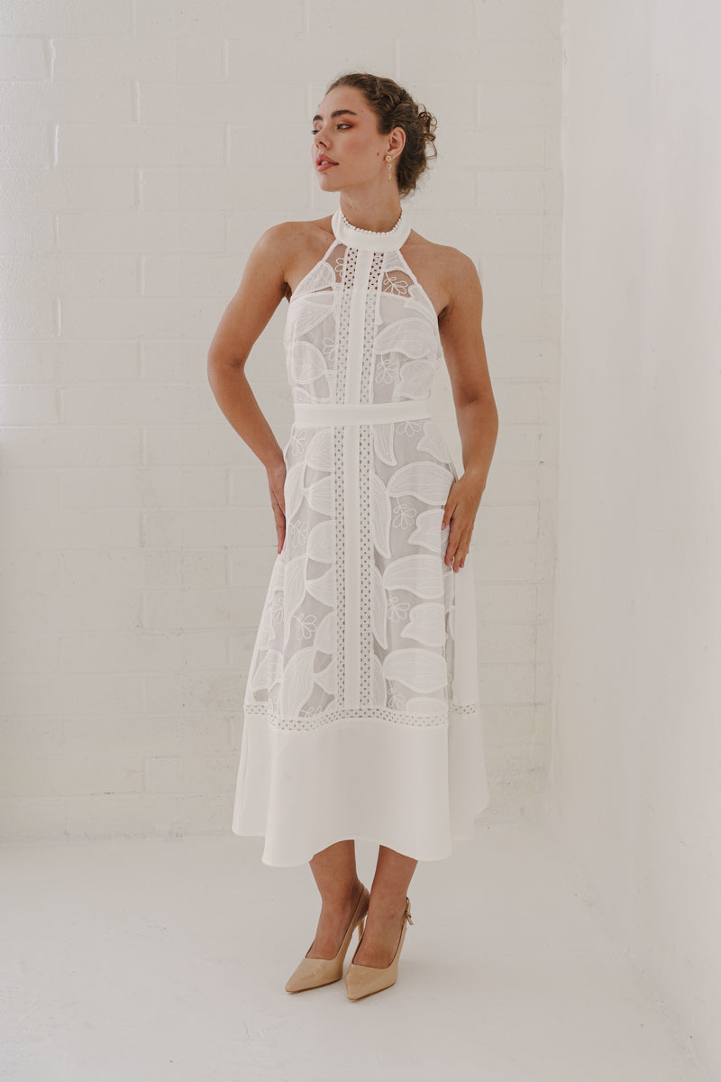 Sleeveless Halter Floral Eyelet Lace Midi Dress White