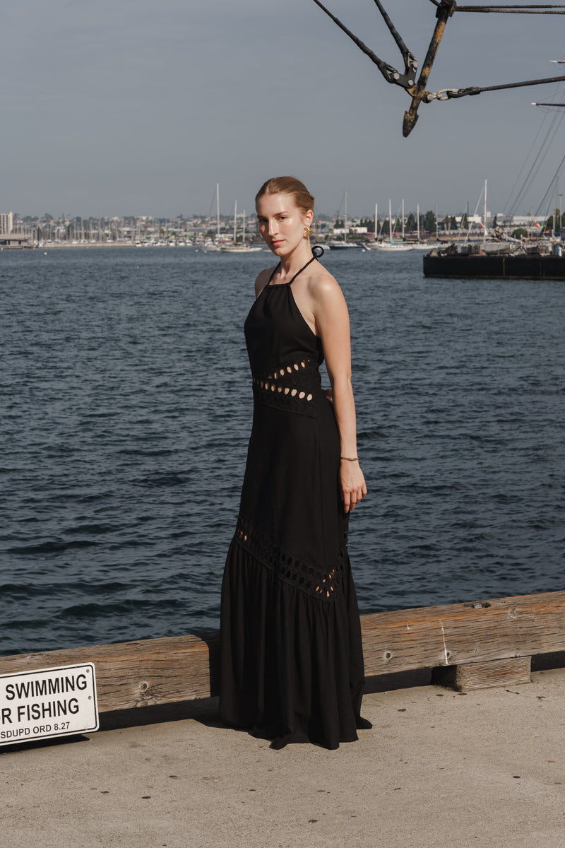 Maxine Sleeveless Sun Kissed Cutwork Lace Maxi Dress Black