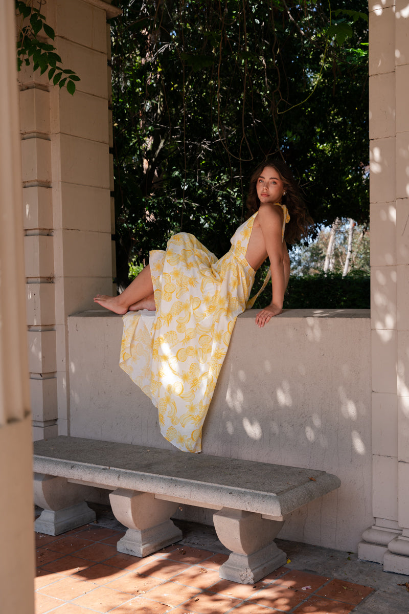fruit print maxi dress Sweetness To Spare Pink Fruit Print Cotton Strapless Maxi Dress