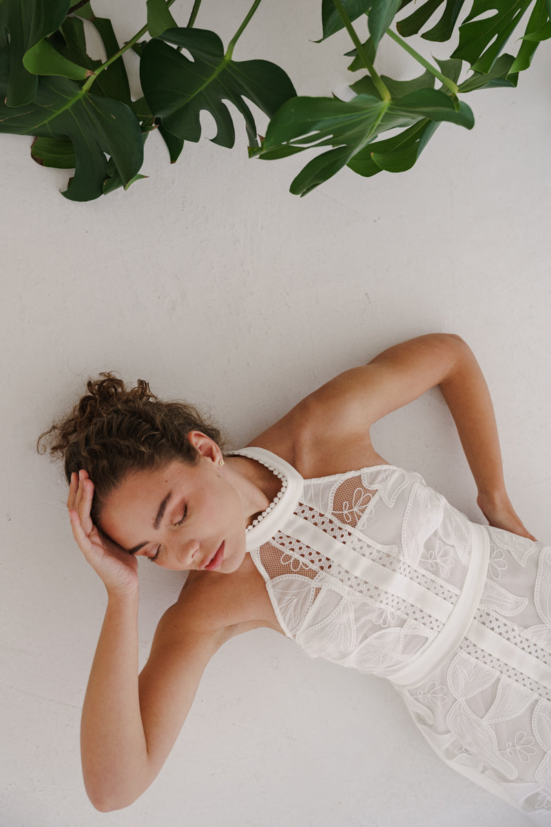 Waitlist 5/20 • Billie Sleeveless Halter Floral Eyelet Lace Midi Dress White Small