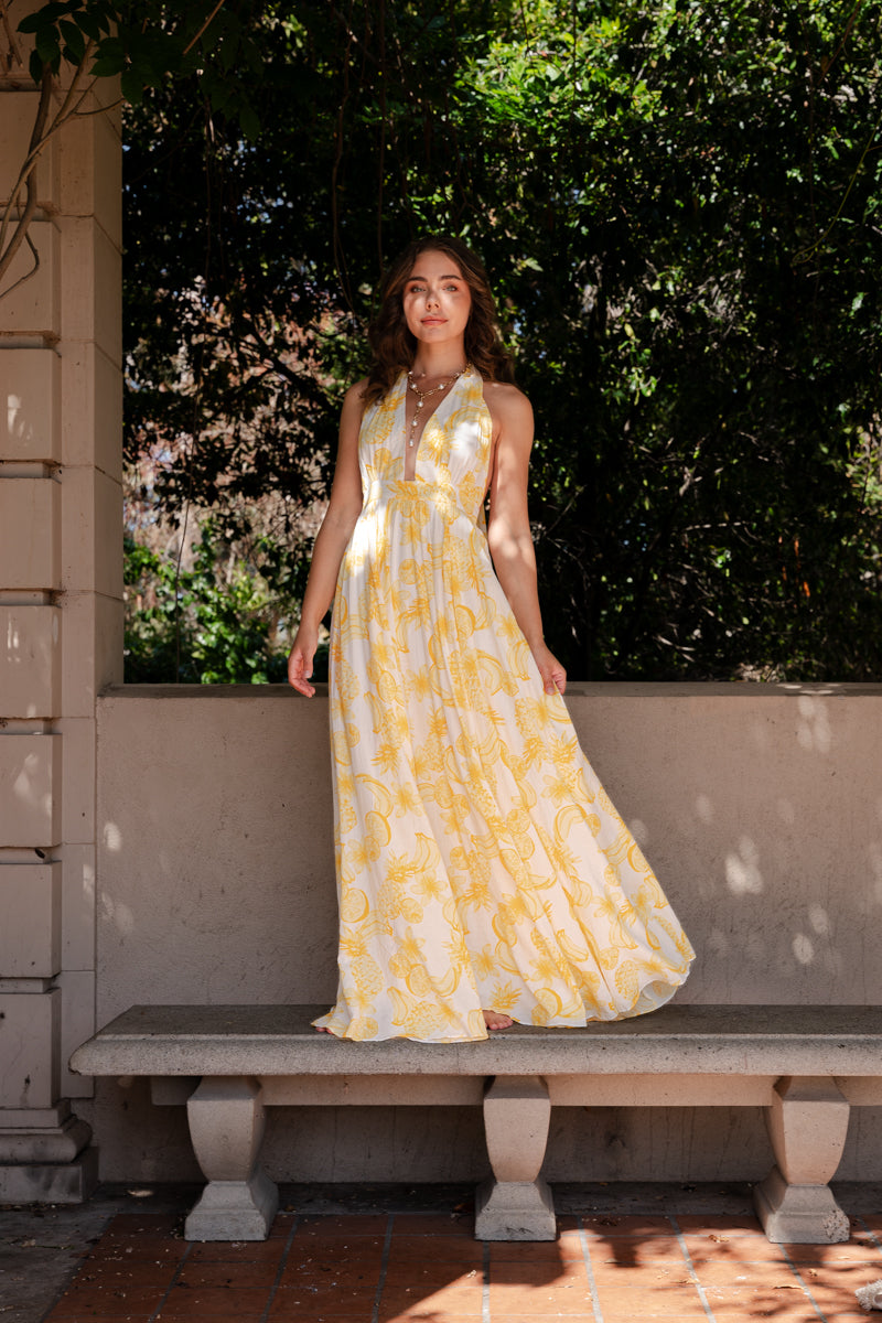 Sleeveless Halter Open Back Fruit Print Maxi Dress Yellow