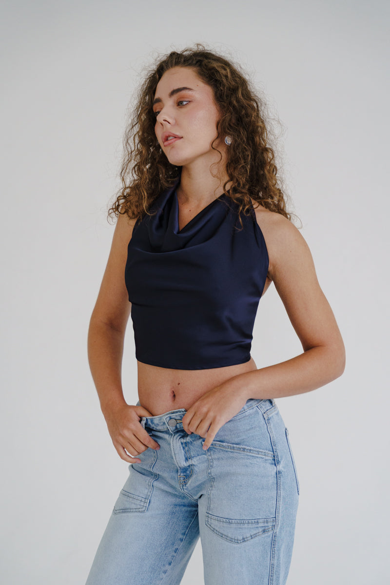 Sleeveless Halter Satin Top Navy