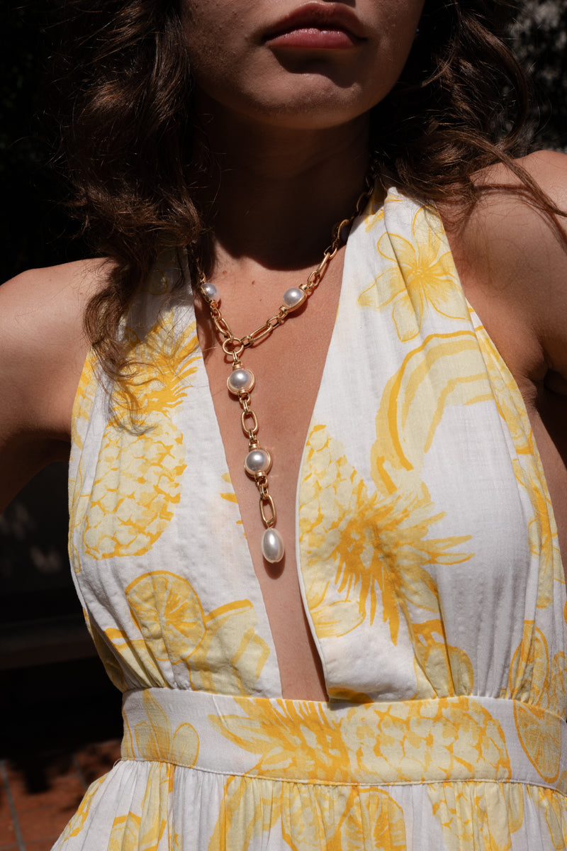 Chunky Chain Faux Pearl Pendant Necklace Gold