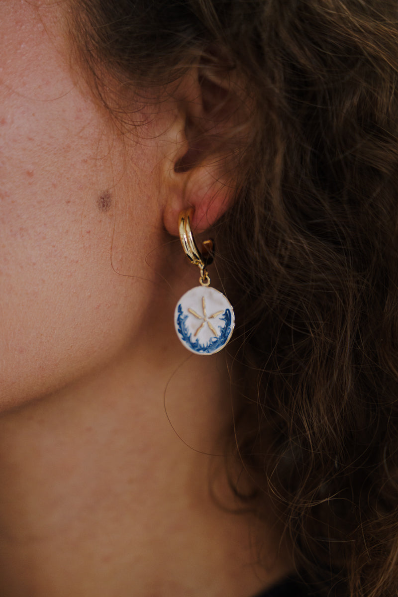 Round Sand Dollar Drop Earrings White