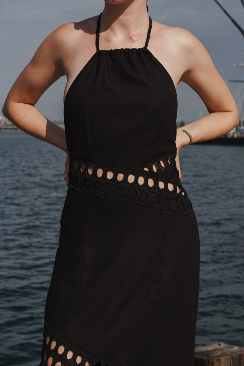 Maxine Sleeveless Sun Kissed Cutwork Lace Maxi Dress Black