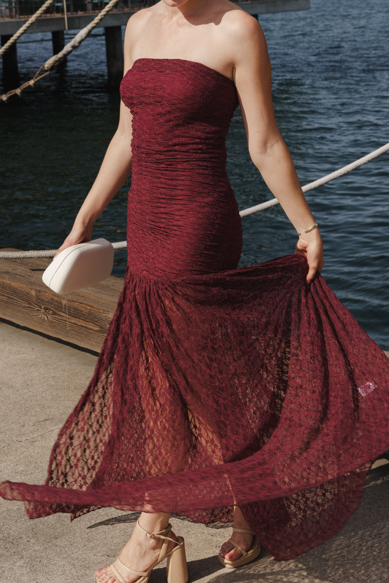 Sleeveless Ruched Lace Maxi Dress Burgundy
