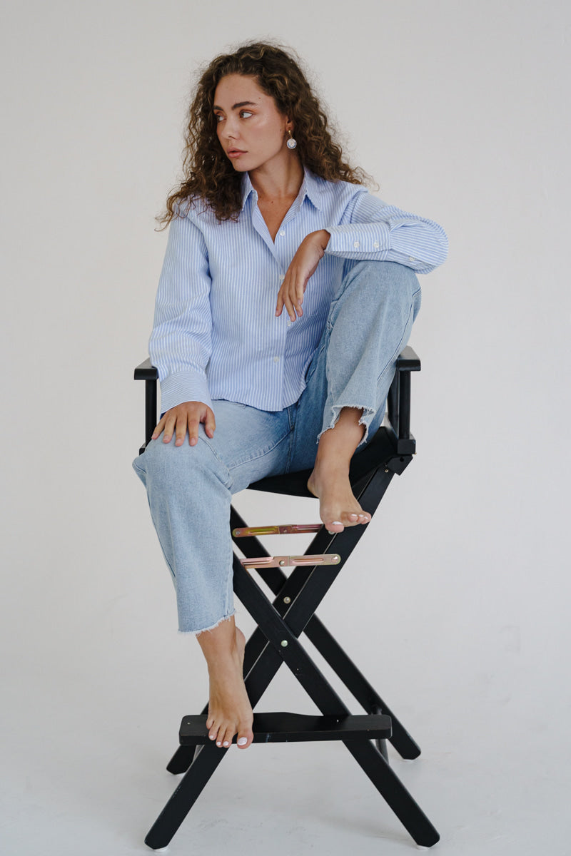 Long Sleeve Cropped Button Down Stripe Print Top Blue