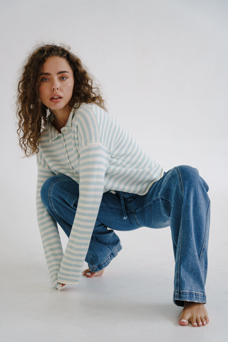 Sleeve Button Down Stripe Print Knit Cardigan Blue