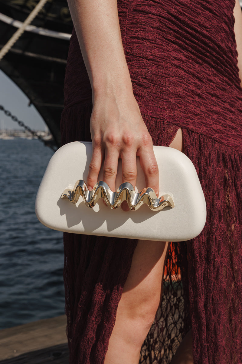 Wavy Metal Handle Faux Leather Clutch White