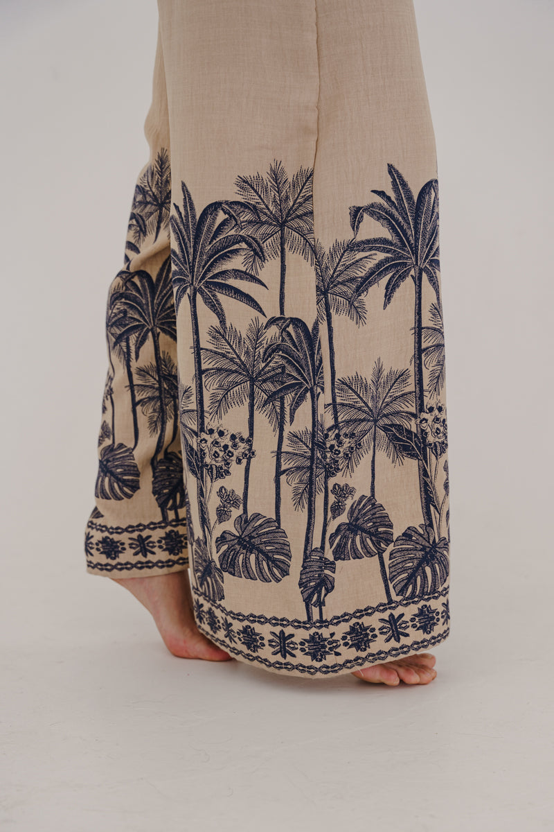 Sleeveless Halter Back Tie Tropical Print Wide Leg Jumpsuit Beige