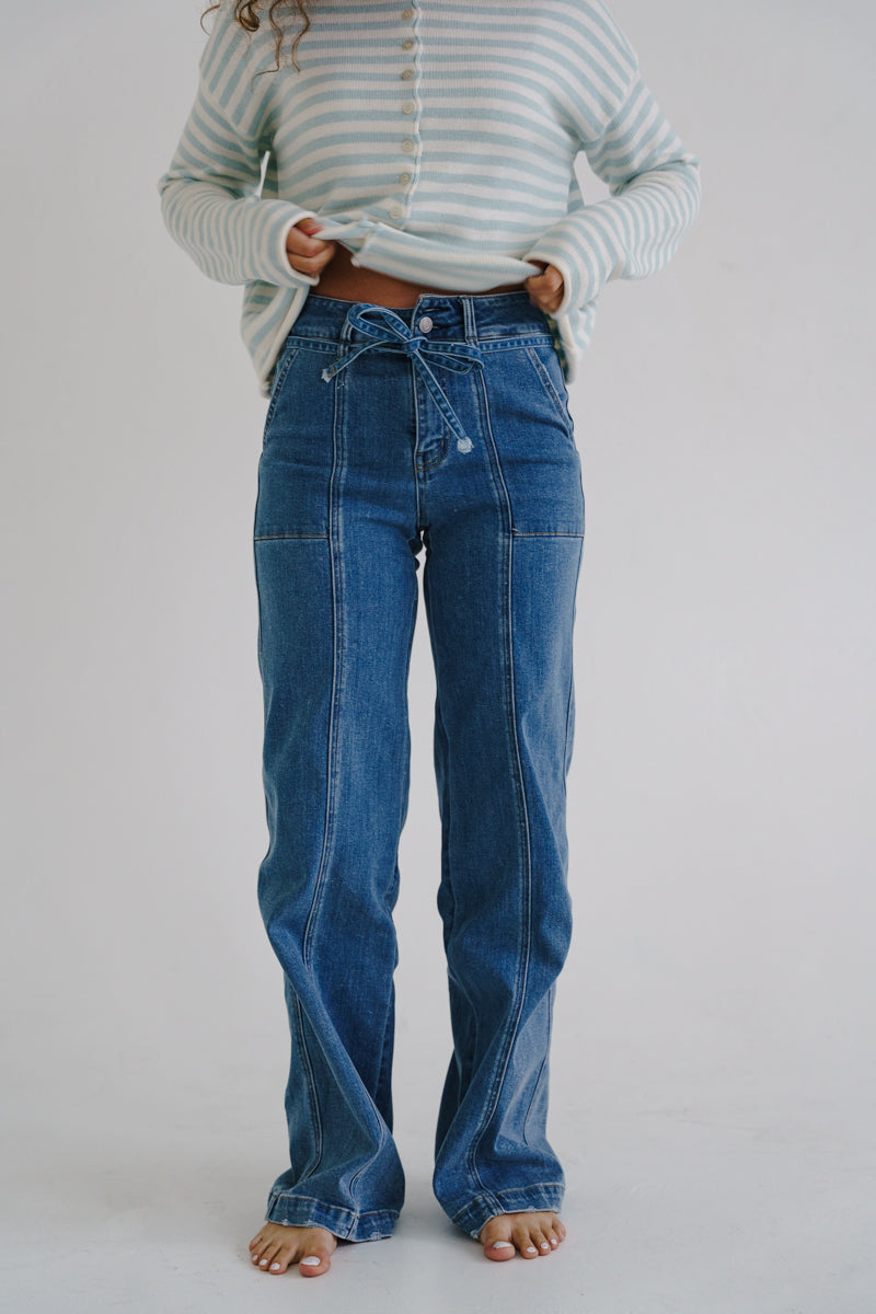 High Rise Waist Tie Wide Leg Jeans Medium Wash