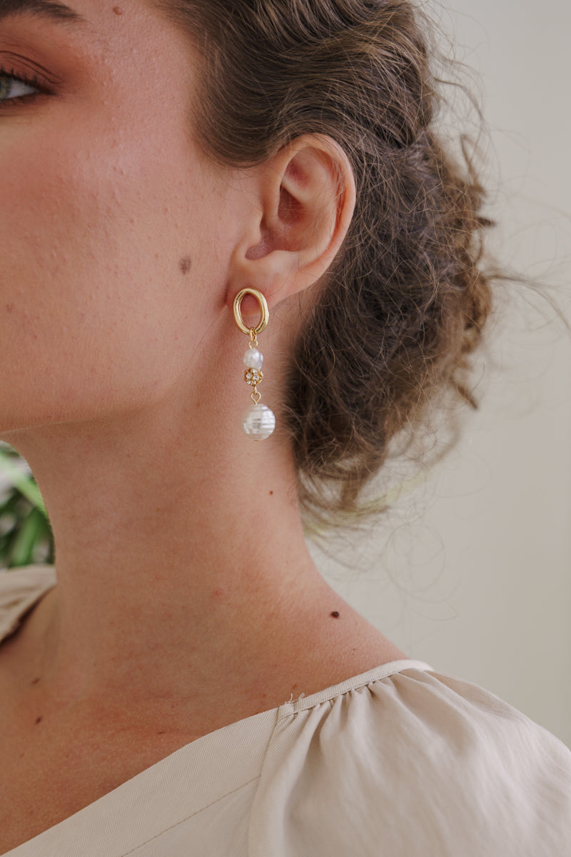 Oval Hoop And Faux Pearl Dangle Drop Earrings Gold