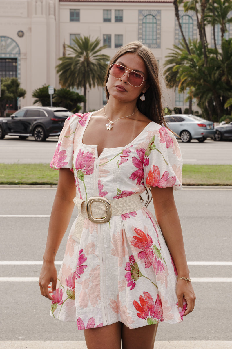 Gold Circular Buckle Straw Waist Belt Cream